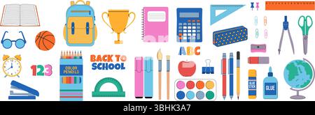 Zurück zur Schule. Großer Vektorsatz isolierter Schulmaterialien. Stock Vektor