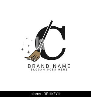 Logo für Reinigungsbesen des Letter C House. Symbol für Reinigungsbürste mit Buchstabe C Stock Vektor