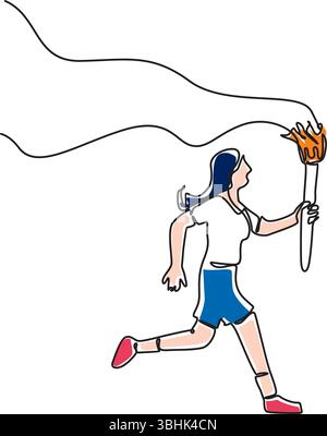 Frau, die mit Fackel Continuous Line Design läuft, minimalistische Linie Art Vektor Illustration Stock Vektor
