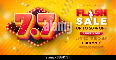 7. Juli Shopping Day Flash Sale Design mit 3D 7,7 Multilayer Zahl, Glühbirne Reklametafel und fallendes Konfetti auf gelbem Hintergrund. Vektorsommer Stock Vektor