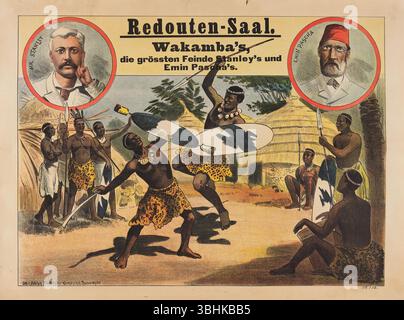 'Redouten Hall. Wakamba's.. Die größten Feinde von Stanley und Emin Pascha. Poster. 85 x 65 cm, Deutschland, ca. 1900/1910, gedruckt von Adolph Friedländer, Hamburg. Stockfoto