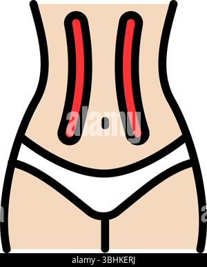 kinesio Klebeband auf das Symbol für die Magenfarbe aufbringen. Gewichtsverlust. Bauchfett reduzieren. Linderung von Bauchmuskelschmerzen. Isolierte Vektordarstellung Stock Vektor