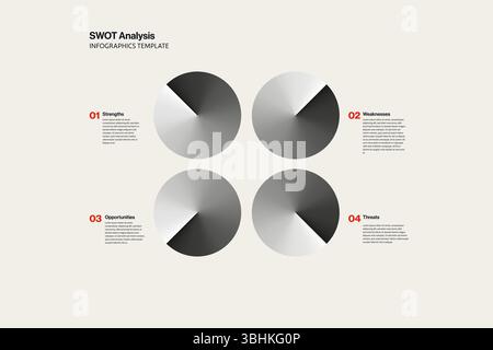 SWOT-Analyse-Infografiken und Präsentationsvorlage mit 3D-Kreisen. Berichtspräsentation. Minimale Darstellung des Konstruktionsvektors. Stock Vektor