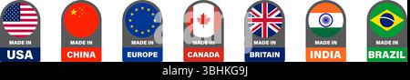 Hergestellt in. Aufkleber Symbolsatz für verschiedene Länder. Stock Vektor