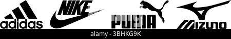 Logo-Symbole der Sportmarke: Adidas, Nike, Puma, Reebok, Mizuno Stock Vektor