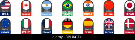 Hergestellt in. Aufkleber Symbolsatz für verschiedene Länder. Stock Vektor