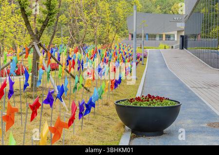 Muju, Südkorea. Mai 2019: Reihen von bunten Rädern auf dem Rasen vor dem National Taekwondo Museum mit dem Experience Center Gebäude in Backgr Stockfoto