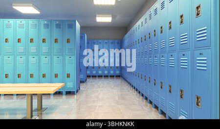 Reihen von blauen Schließfächern mit einer Holzbank 3D Umkleideraum Stockfoto