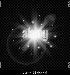 Lichteffekt von Linsenfackeln. Weiße leuchtende Lichter Starburst-Effekte mit Funkeln auf transparentem Hintergrund. Vektorabbildung Stock Vektor