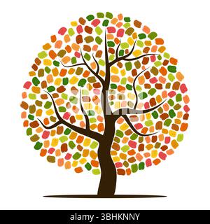 Herbstbaum mit gelben, orangefarbenen, braunen und grünen Blättern. Vektorabbildung Stock Vektor