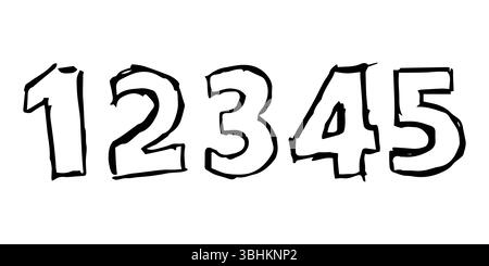 Handgezeichnete Zahlen 12345. Moderne Großbuchstaben und Schriftart. Schwarze Symbole auf weißem Hintergrund. Vektorabbildung. Stock Vektor
