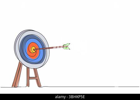 Ein einzelner Bogenschießring mit durchgehender Linienzeichnung, mit Pfeilen, die auf Bullseye treffen. Dartscheibe auf Stativ. Zielerreichung. Symbol für die Strategie für den Geschäftserfolg Stock Vektor