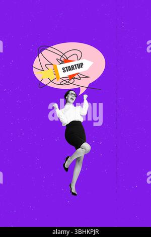 Trend Artwork Template Design 3D Collage Skizze des Beginns der Gewinnentwicklung Strategie junge Geschäftsfrau Stand begeisterte Message Cloud Stockfoto