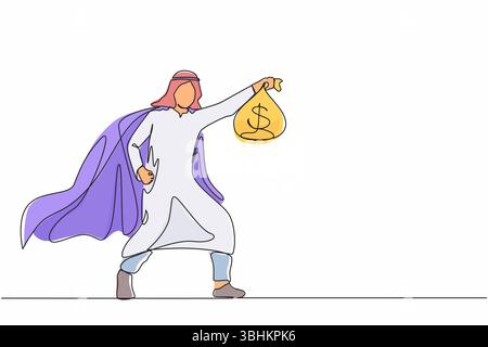 Durchgehende einzeilige Zeichnung Superheld arabischer Geschäftsmann ist Symbol des Einkommens. Glücklicher Mitarbeiter-Superheld zeigt Geldbeutel-Metapher des Einkommens Stock Vektor
