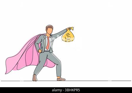 Durchgehende einzeilige Zeichnung Superhelden Geschäftsmann präsentieren das Symbol des Einkommens. Glücklicher Mitarbeiter-Superheld zeigt Geldbeutel-Metapher von Einkommen, Investition, p Stock Vektor