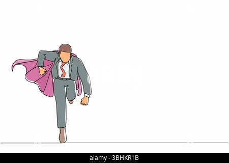 Eine einzige Zeilenzeichnung, die als Business-Held gilt. Geschäftsmann in cape Superhelden-Aktionen laufen. Professionelle, leistungsstarke Superhelden. Erfolg, Lead Stock Vektor