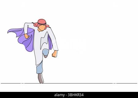 Einzelne durchgehende Linienzeichnung als Business-HERO. Arabischer Geschäftsmann in cape Superhelden-Aktionen laufen. Professionelle, leistungsstarke Superhelden. Erfolgreich Stock Vektor