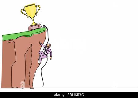 Eine einzige Linie zeichnet den Kletterer, der an einem Seil hängt und sich auf die felsige Bergwand zieht, um die Trophäe zu erreichen. Extreme Geschäftsfrau klettert auf C Stock Vektor