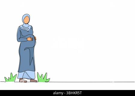 Eine einzelne durchgehende Linienzeichnung glückliche arabische schwangere Frau hält ihren Bauch. Ressourcentyp Schwangerschaft. Aktive, gut angepasste schwangere weibliche Figur. Ha Stock Vektor