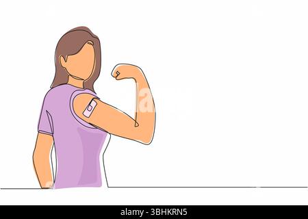 Eine einzelne, einzeilige junge Frau mit Schutzmaske, die ihren Arm mit Verband zeigt, nachdem sie covid-19-Impfstoff erhalten hat. Impfung, Bekämpfung Stock Vektor