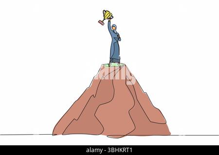Fortlaufende Einzeilenzeichnung erfolgreich oben. Arabische Geschäftsfrau auf dem Berg, die Trophäe in erhobenen Händen hält. Sieger, Glück, Ziel erreichen. Si Stock Vektor