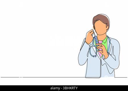 Einzelne durchgehende Linie zeichnen Arzt oder Wissenschaftler im Labor halten Spritze mit flüssigen Impfstoffen für Kinder oder ältere Erwachsene, Kampf gegen viru Stock Vektor