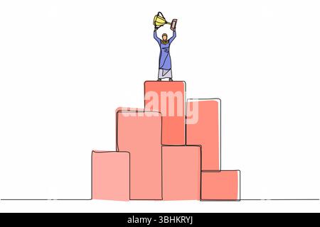 Eine durchgehende Linie mit arabischer Geschäftsfrau, die auf einer großen Grafikleiste steht und eine Trophäe anhebt. Pose des Gewinners. Erfolg, Ziel, Leistung und Konzept. Stock Vektor
