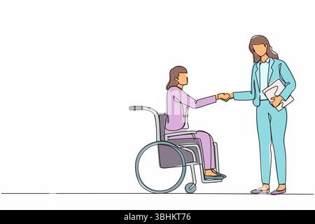 Einzelne durchgehende Linienzeichnung behinderte Geschäftsfrau im Rollstuhl, die Hand mit Geschäftspartner oder Chef schüttelt. Behinderte Führungskraft im Dialog mit Busi Stock Vektor