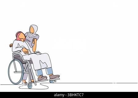 Durchgehende, einzeilige Zeichnung einer arabischen Frau, die einen behinderten Ehemann umschließt, der auf Rollstuhl sitzt. Ein Paar, das sich mit Liebe ansieht. Frau, die Hände hält Stock Vektor