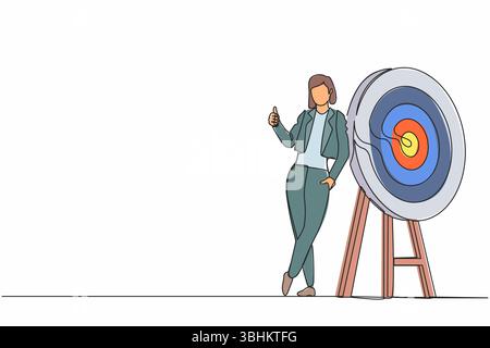 Durchgehende einzeilige Zeichnung glückliche Geschäftsfrau oder Managerin steht oder lehnt das Ziel mit Daumen nach oben. Pfeil traf genau das Ziel. Sünde Stock Vektor