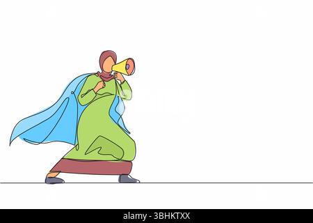 Durchgehende eine Zeile, die arabischen Superhelden in Megaphon zeigt. Superheld in cape, glückliche Geschäftsfrau mit Megaphon, erfolgreiche Teamleiterin. Si Stock Vektor