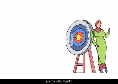 Kontinuierliche Einzeichenzeichnung glückliche arabische Geschäftsfrau oder Manager steht oder lehnt das Ziel mit Daumen nach oben. Pfeil traf genau das Ziel. Sünde Stock Vektor