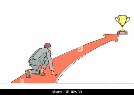 Durchgängige einzeilige Zeichnung Geschäftsmann Machen Sie sich bereit, das Ziel des Geschäfts in der Ausgangsposition zu beginnen, bereit für den Sprint. Trophäe erreichen. Unternehmen Stock Vektor
