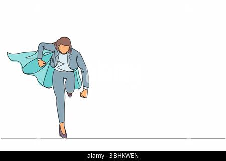 Fortlaufende Einzeichenzeichnung – der geschäftliche Held. Geschäftsfrau in cape Superheldenaktionen laufen. Professionelle, leistungsstarke Superhelden. Erfolg Stock Vektor