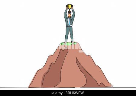 Eine durchgehende Linie zeichnet einen glücklichen Geschäftsmann mit Trophäe auf dem Gipfel des hohen Berges. Erfolg, Ziel, Leistung und Challenge-Konzept. Eins Stock Vektor