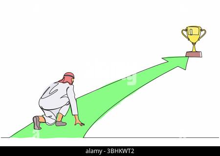 Eine einzige Linie zeichnet arabischer Geschäftsmann Machen Sie sich bereit, in der Startposition zum Sprintlauf zu beginnen. Trophäe erreichen. Busin Stock Vektor