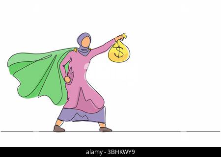 Eine durchgehende Linie zeichnet die Superheldin der arabischen Geschäftsfrau, die das Symbol des Einkommens darstellt. Glücklicher Mitarbeiter-Superheld zeigt Geldbeutel-Metapher des Einkommens, Inv Stock Vektor