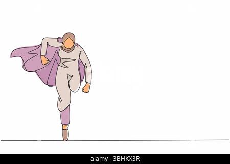 Eine einzige Zeilenzeichnung, die als Business-Held gilt. Arabische Geschäftsfrau in cape Superhelden-Aktionen laufen. Professionelle, leistungsstarke Superhelden. Erfolgreich Stock Vektor