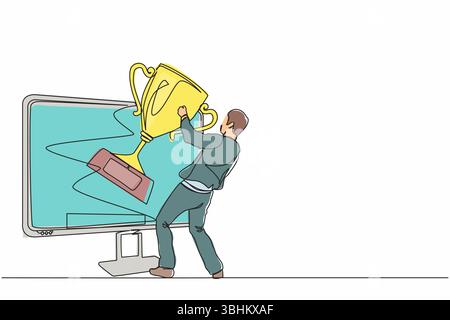 Ein Geschäftsmann mit einer durchgehenden Linienzeichnung zieht Trophäen vom Computerbildschirm aus. Arbeiten an einem preisgekrönten Projekt, freiberuflicher Job, Online-Arbeit, wi Stock Vektor