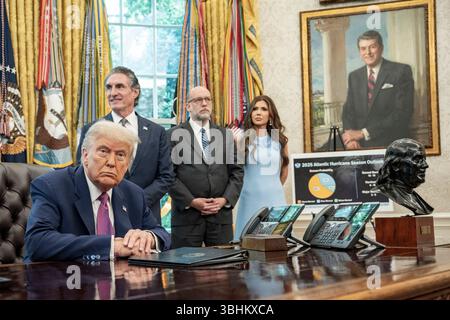 Washington, Usa. Juni 2025. US-Präsident Donald Trump spricht am Dienstag, den 10. Juni 2025, im Oval Office im Weißen Haus in Washington, DC. Foto: Ken Cedeno/UPI Credit: UPI/Alamy Live News Stockfoto