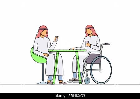 Eine Zeile zeichnet zwei arabische Geschäftsleute, die auf Geschäftstreffen sprechen. Kollegen haben eine Kaffeepause. Behinderter Mann trinkt Kaffee mit seinem Freund. Stock Vektor