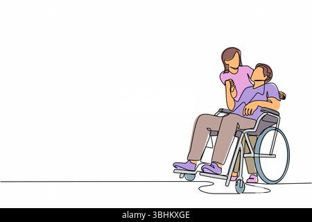 Eine einzeilige Ehefrau mit behindertem Ehemann, der auf Rollstuhl sitzt. Ein Paar, das sich mit Liebe ansieht. Frau, die Hände der Behinderung hält Stock Vektor