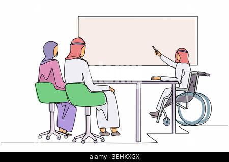 Einzelne durchgehende Linienzeichnung behinderte arabische Geschäftsleute, die Kollegen vortragen. Mitarbeiter, die einem Mitarbeiter mit Behinderungen im Rollstuhl zuhört p Stock Vektor