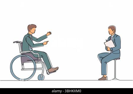 Durchgängiges Vorstellungsgespräch für Menschen mit Behinderungen. Behinderter Mann, der im Rollstuhl sitzt und einen Mietvertrag mit männlichen Angestellten akzeptiert Stock Vektor
