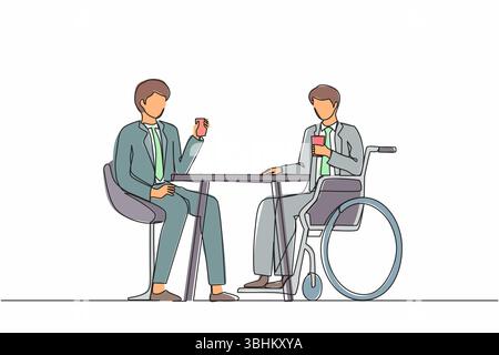 Einzelne Zeichnerinnen verbringen Zeit miteinander. Zwei Geschäftsleute reden bei Geschäftstreffen. Kollegen haben eine Kaffeepause. Behindertengerechte Männer trinken Kaffee Stock Vektor