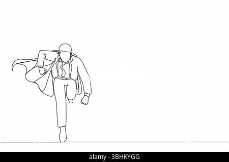Eine einzige Zeilenzeichnung, die als Business-Held gilt. Geschäftsmann in cape Superhelden-Aktionen laufen. Professionelle, leistungsstarke Superhelden. Erfolg, Lead Stock Vektor