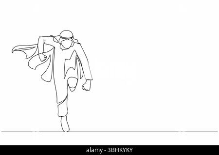 Einzelne durchgehende Linienzeichnung als Business-HERO. Arabischer Geschäftsmann in cape Superhelden-Aktionen laufen. Professionelle, leistungsstarke Superhelden. Erfolgreich Stock Vektor