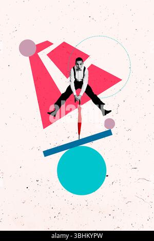 Skizzenbild Trend Kunstwerk Montage 3D Collage Kunst Leidenschaft dynamische Flexibilität Kultur Schönheit Pose Eleganz Gentleman halten Schirm springen Stockfoto
