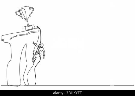 Eine einzelne durchgehende Linie zeichnet Kletterer, der an einem Seil hängt und sich auf die felsige Bergwand zieht, um die Trophäe zu erreichen. Extrem arabische Geschäftsfrau Stock Vektor