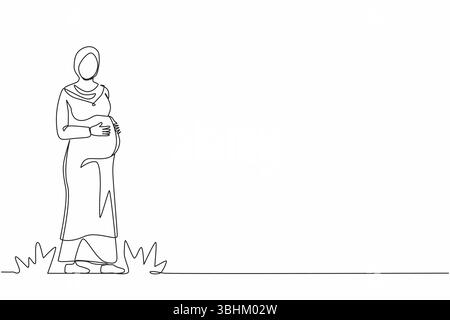 Eine einzelne durchgehende Linienzeichnung glückliche arabische schwangere Frau hält ihren Bauch. Ressourcentyp Schwangerschaft. Aktive, gut angepasste schwangere weibliche Figur. Ha Stock Vektor